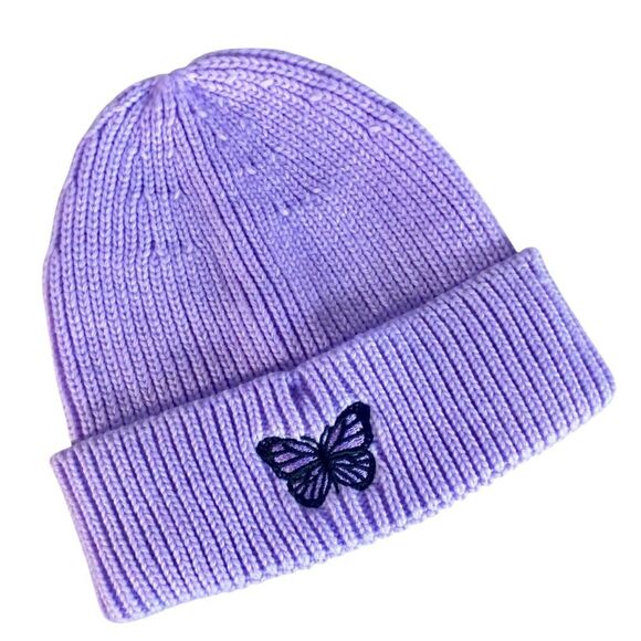 Yanyanz Purple Knit Butterfly Beanie Warm Winter Accessories One Size Fits Most - Picture 1 of 8